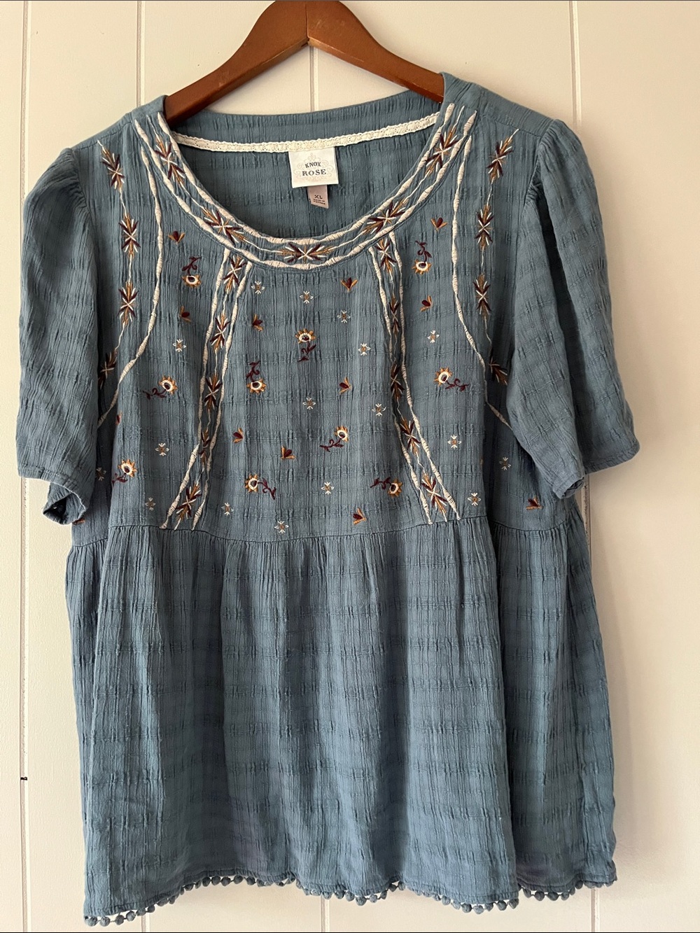 Knox Rose Dusty Blue Embroidered Cotton Tunic